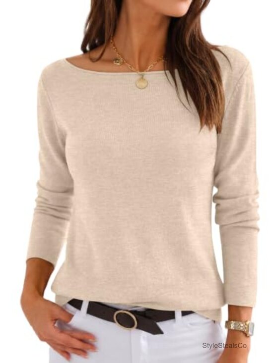 Sweaters - Women's Long Sleeve Boat Neck Lightweight Knit Pullover Sweater Slim Fit